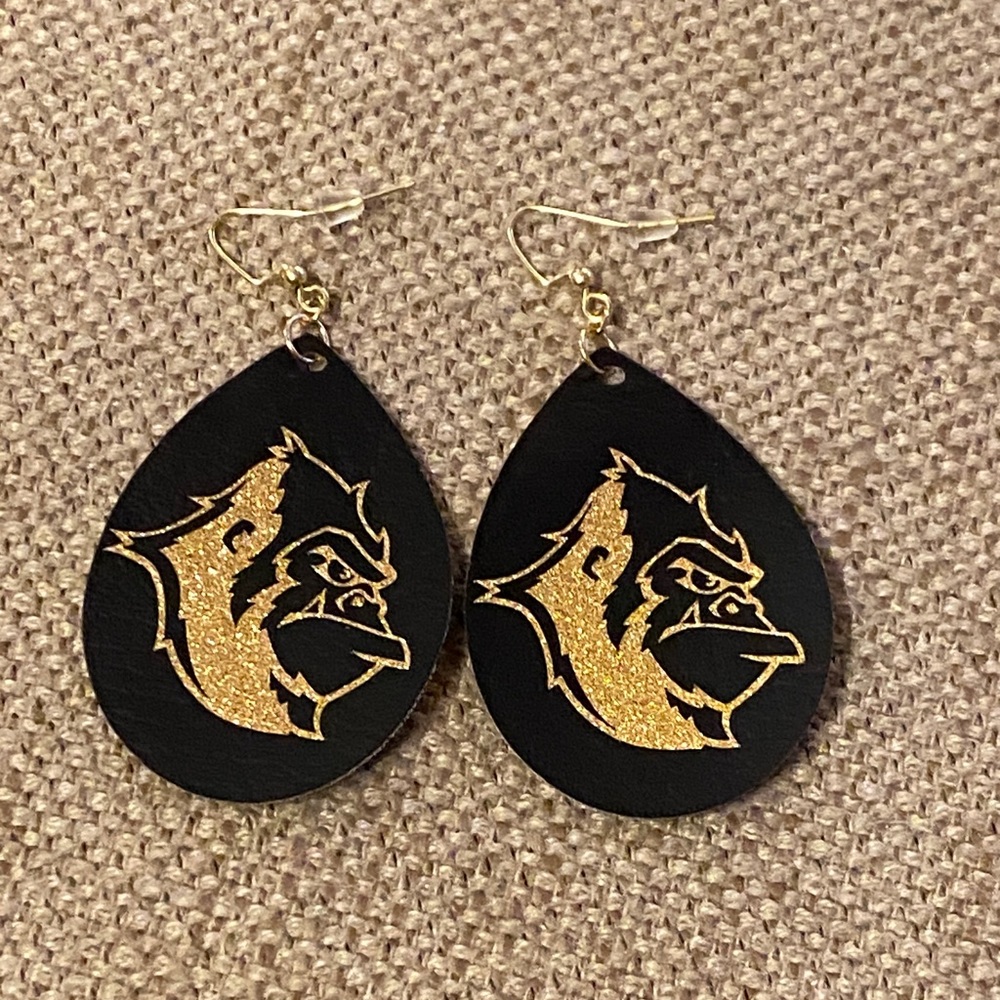 Black and Gold Bigfoot Faux Leather Teardrop Earrings